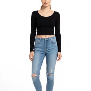 Zeana Long Sleeve Crop Top Scoop Neck Black Medium Casual Whimsigoth Dark